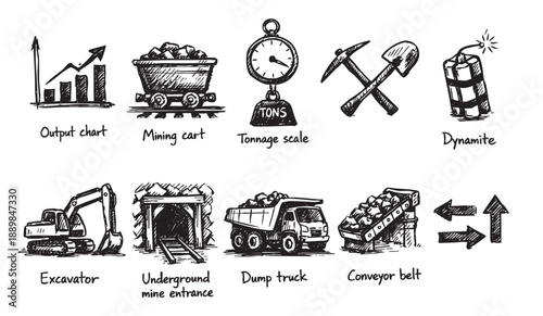 Hand-drawn mining icons show an output chart, excavator, dynamite, a tunnel entrance, and other equipment for resources and industry themes.