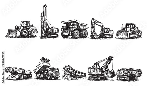 Black and white illustration of various construction vehicles including bulldozers and excavators lined up, showcasing heavy machinery and equipment on white.