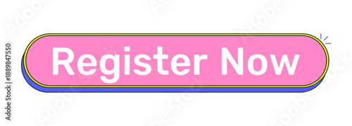 Register now rounded pink cartoon UI button. User registration open. Enrollment sign up. Quick event signup. Clickable call-to-action. Flat vector illustration. Cute design. Rubik font used