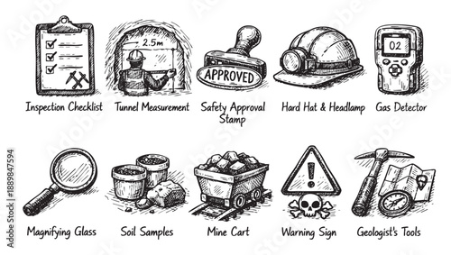 Mining themed hand-drawn illustration features mine safety tools, geologist's equipment, checklist, warning sign, minerals for geological projects.