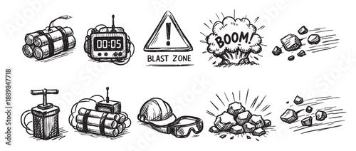 Illustration featuring dynamite, timer, blast zone, hard hat, and explosion sketches; suitable for danger, demolition, construction, and cartoon themes with its black-and-white design.