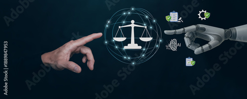 Concept of AI ethics and governance, showing balance between human and artificial intelligence. Trust, compliance, transparency, and responsibility in advanced technology and corporate digital.
