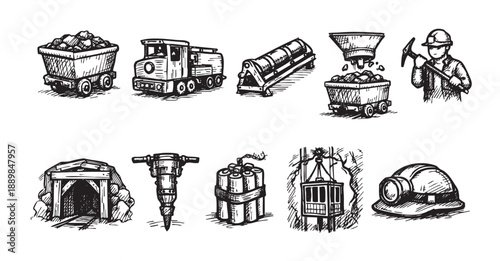A hand-drawn mining icon set including equipment, tools, and a miner in black and white, perfect for illustrations about coal mining and the industrial revolution.