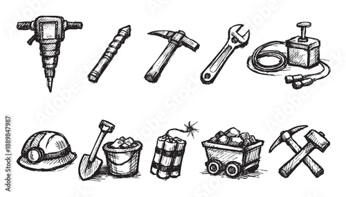 Black and white illustration depicting various mining tools, including a jackhammer, pickaxes, dynamite, helmet, and coal cart, suitable for graphic design projects.