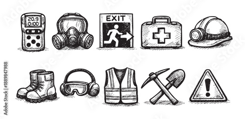 Hand-drawn sketch illustration of various construction safety equipment, including hard hat, boots, and safety vest on a white backdrop. Represents industrial safety and preparedness.