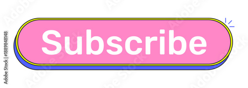 Subscribe rounded pink cartoon UI button. Follow channel. New content instant alert. Stay updated. Viewer action. Clickable call-to-action. Flat vector illustration. Cute design. Rubik font used