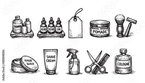 An illustrative collection of men's grooming products in line art style including shampoo, beard oil, shave cream, pomade, and cologne. Use for designs on lifestyle, health, or personal care.