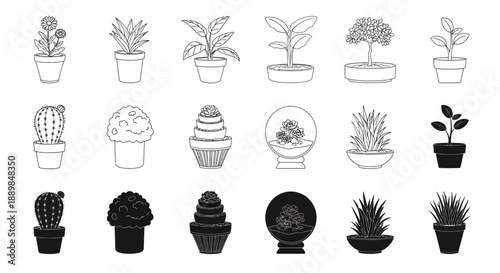 Various potted plants and flowers illustrated in different styles and arrangements, presented in a grid layout.