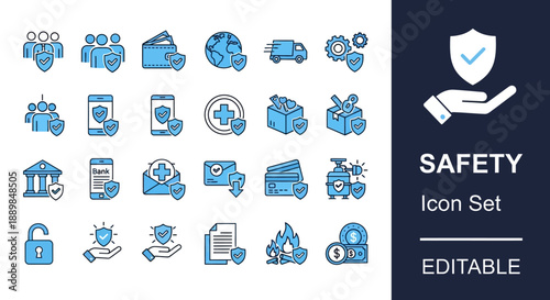 Collection of safety icons representing protection and security measures in various aspects of life and industry