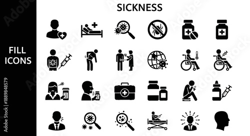 Collection of icons representing various aspects of sickness and health issues in a grid layout