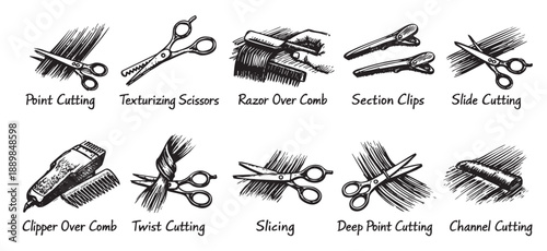 Black and white illustration showcasing different haircutting techniques and tools such as scissors, clips, and razors, ideal for hairstylists or educational materials.