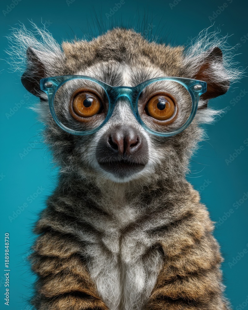 Fototapeta premium Portrait of an Aye-Aye Wearing Large Glasses, Captured in a Studio Setting With a Blue Background