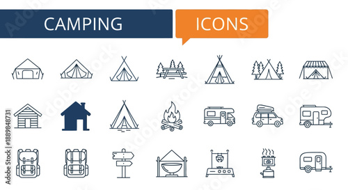 Camping icons collection featuring outdoor adventure symbols and travel elements in a simple line art style