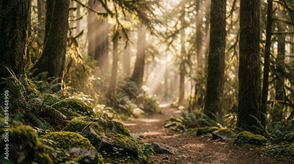 Obraz premium Forest path with sunlight rays creating a calm and peaceful natural scene