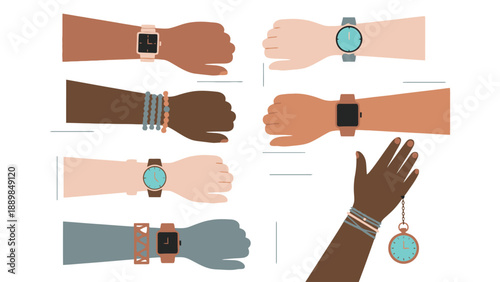 A diverse group of arms showcasing various watches and bracelets