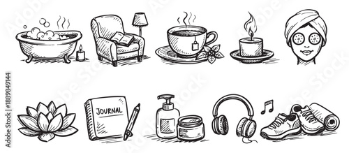 Hand-drawn illustration of wellness items like bath, tea, candles, lotion, journal, yoga mat, and headphones on a white background. Spa and relaxation concept.