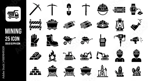 Collection of mining icons and symbols representing various tools and equipment used in the industry