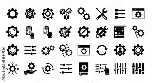 Collection of various technical icons representing machinery, tools, and settings in black and white