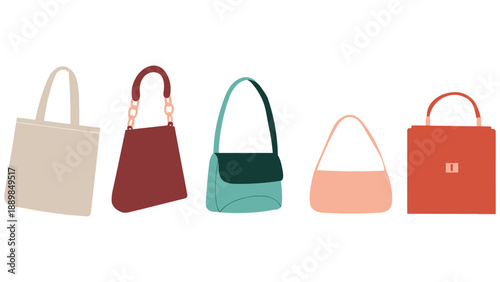 A collection of colorful handbags on a white background
