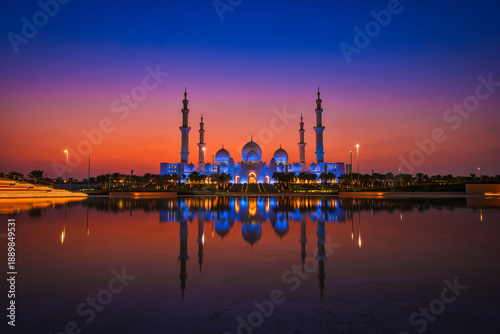 Tableau sur toile A beautiful reflection of a Grand Mosque is seen in the water