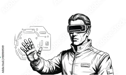 Futuristic man exploring virtual reality interface with advanced augmented reality glasses, depicting innovative digital interaction and technological immersion