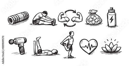 Black and white sketch compilation showing various aspects of wellness, including stretching exercises, muscle recovery tools, and symbols of health and rejuvenation, against a plain white background.