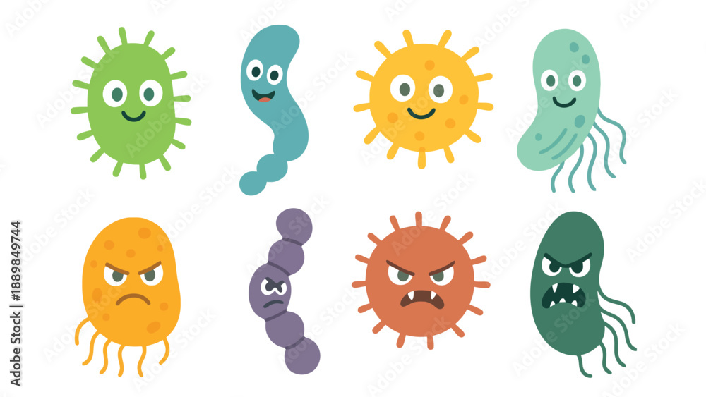 Fototapeta premium A colorful illustration of cartoon microbes with different emotions and expressions