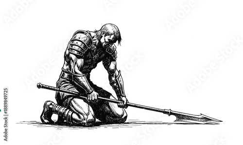 A lone warrior's solemn moment, kneeling in ancient armor with his spear, embodies the profound weight of perseverance and quiet strength found in contemplation after enduring struggle