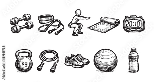 Vector illustration showing sketch of fitness equipment including dumbbells, resistance band, jump rope, mat, clock, kettlebell, shoes, exercise ball, and water bottle.