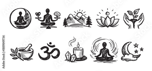This vector art presents hand-drawn wellness icons, including meditation, landscapes, spirituality, and nature symbols, rendered in a monochrome style, ideal for health or well-being themes.