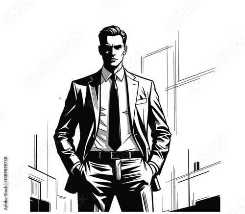 Professional businessman in a suit standing confidently with hands in pockets, conveying success and determination against a city backdrop