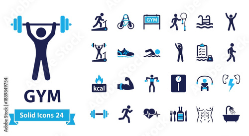 Collection of solid gym icons featuring various fitness activities and equipment in a modern design