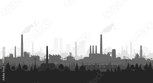 Silhouette of industrial cityscape with smokestacks and trees against white background