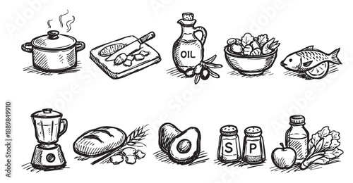 Hand-drawn sketch of cooking ingredients, including pot, cutting board, oil, salad, fish, blender, bread, avocado, spices, apple, lettuce, ideal for culinary illustrations.