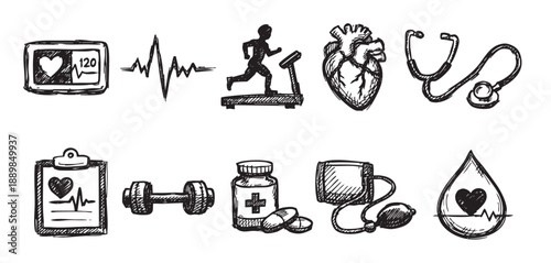 Doodle style icons depict heart monitoring, running, anatomical heart, blood pressure, medicines, weights, and blood. Healthcare and healthy lifestyle illustrations.