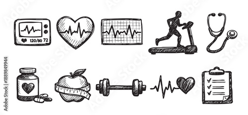 Hand-drawn style doodles of heart, treadmill, apple, and other health and fitness related icons on a clean white background. Suitable for healthcare and wellness.