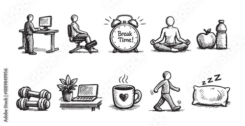Hand-drawn style illustration depicting working and break activities: standing desk, sitting, break time clock, meditation, exercise, sleep, good for promoting wellbeing.
