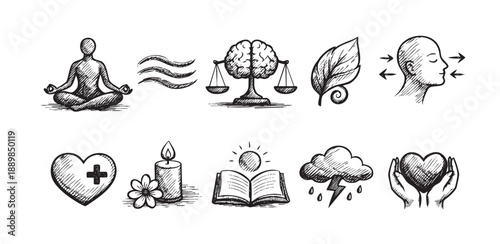 Black and white hand-drawn wellness icons represent mindfulness, balance, health, and mental wellbeing, useful for illustrating self-care, therapy, or mental health awareness topics.