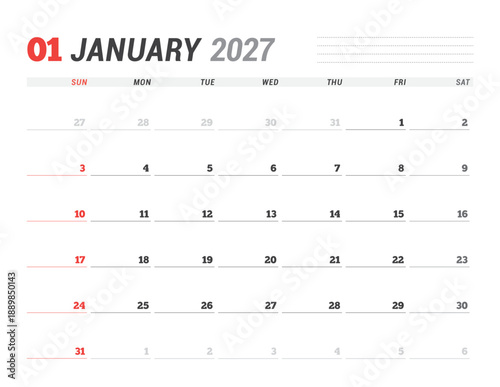 January 2027 Monthly Calendar Template for Planning and Organization enhances scheduling precision and weekly structure with minimalist blank lines. Week starts on Sunday. vector illustration