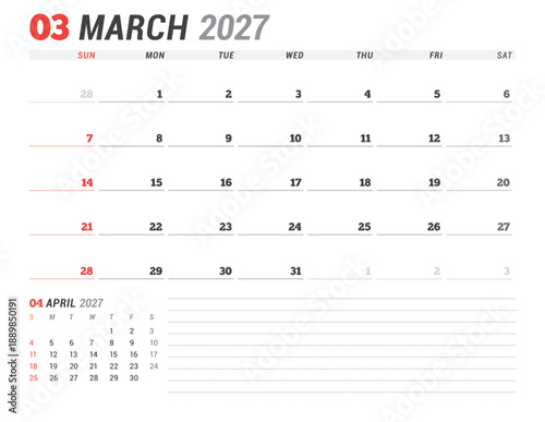 March 2027 calendar planner template. Week starts on Monday. Simple and clean design for efficient scheduling and organization. Vector illustration for a printable business agenda layout