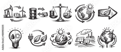 Conceptual sketch depicts balance between fossil fuels and renewables, visualizing the energy transition, alternative energy sources, and sustainable practices for ecological balance.