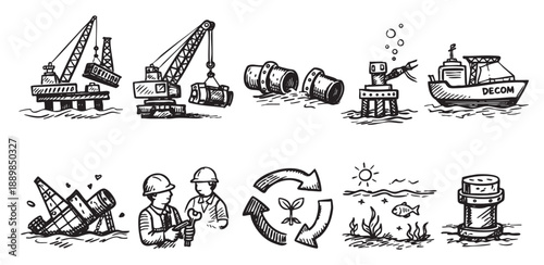 Black and white sketches depicting the removal of offshore oil rigs and environmental protection, showing cranes, undersea life, and workers.