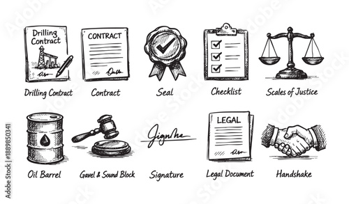 Hand-drawn sketches illustrate legal documents and business agreements, including oil, contracts, a seal, justice scales, and handshake.