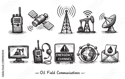 Hand-drawn illustration showing oil field communication methods, including radios, satellite, oil rigs, emergency channel and email in black and white.