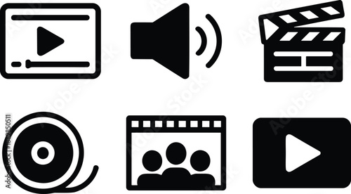 Essential black vector icons set for digital media production, streaming, and entertainment interfaces: video player, volume, clapperboard, film reel.