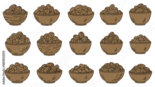 A collection of various nuts in wooden bowls on a white background