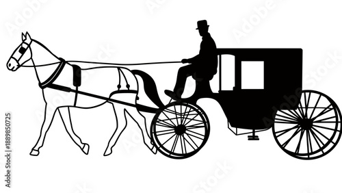 A black silhouette of a man riding in a horse-drawn carriage