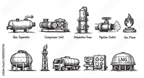 Set of hand-drawn black and white sketches of oil and gas processing equipment: gas separator, compressor, dehydration tower, pipeline, LNG tank, and tanker truck on a white background.