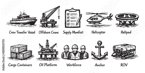 Black and white sketch of offshore industry elements like vessels, platforms, workforce, and equipment. Perfect for illustrating maritime, energy, and industrial themes.