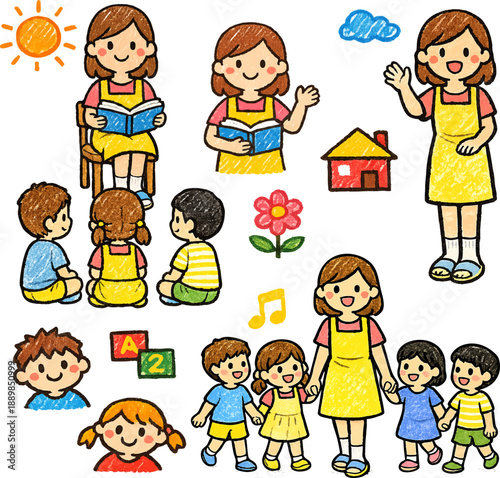 유치원 어린이집 선생님과 아이들 크레파스 그림